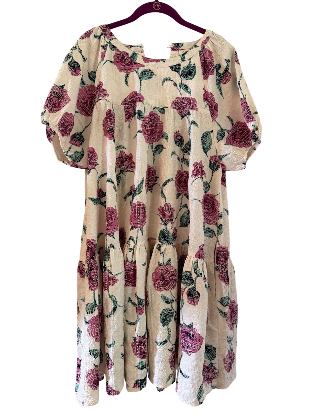 Cotton Bleu Cream Floral Puff-Sleeve Dress with Pink Roses